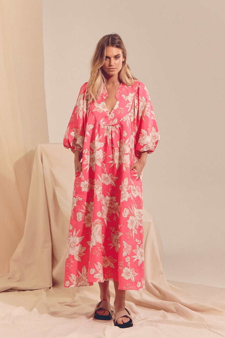 Hawaii Rose Boheme Linen Midi Dress