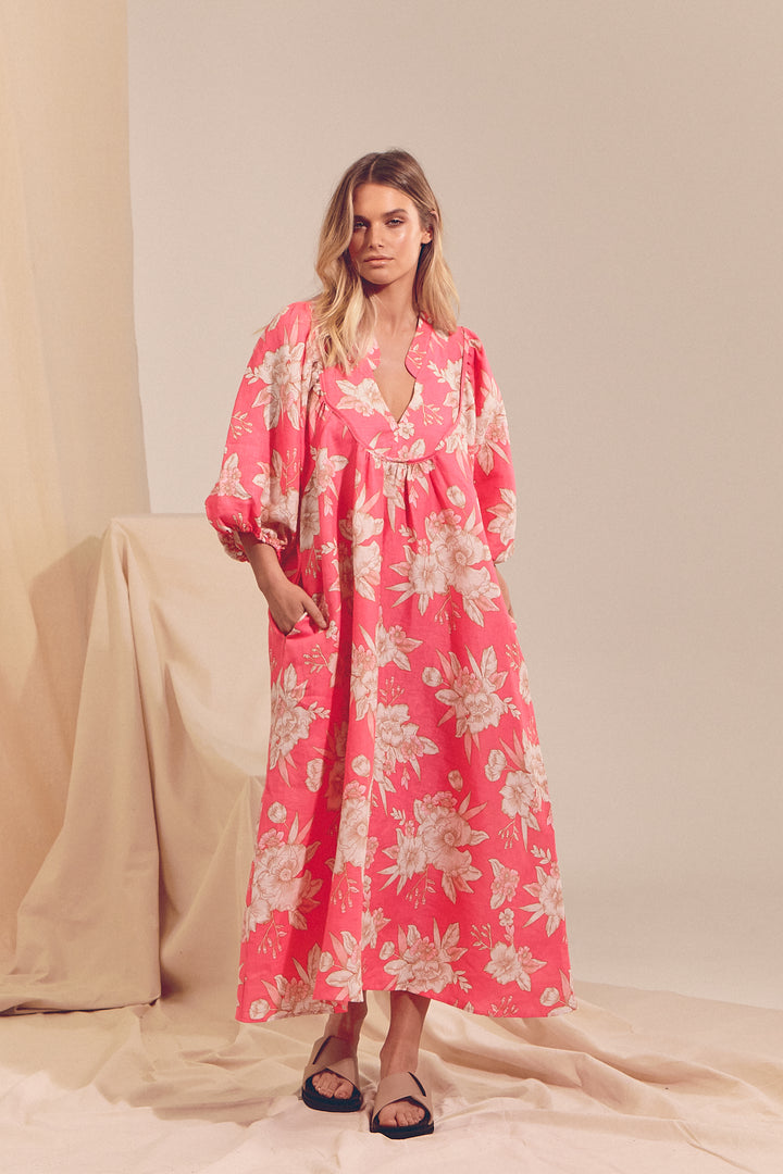 Hawaii Rose Boheme Linen Midi Dress