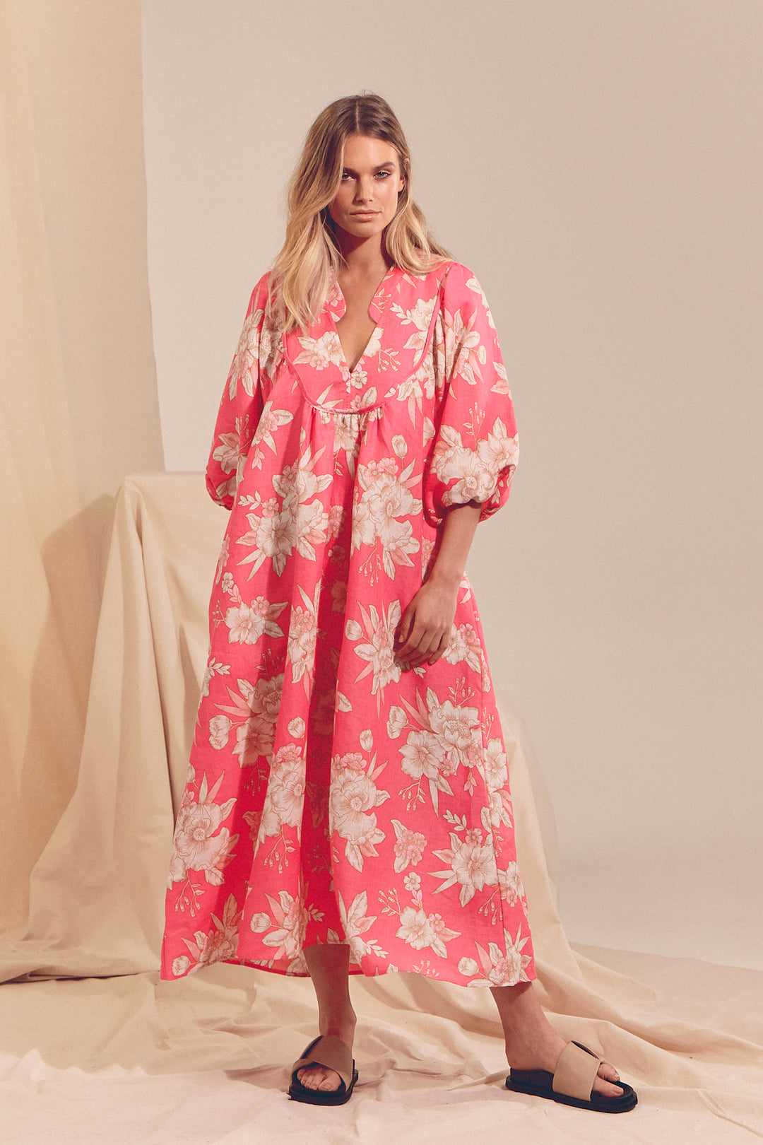 Hawaii Rose Boheme Linen Midi Dress