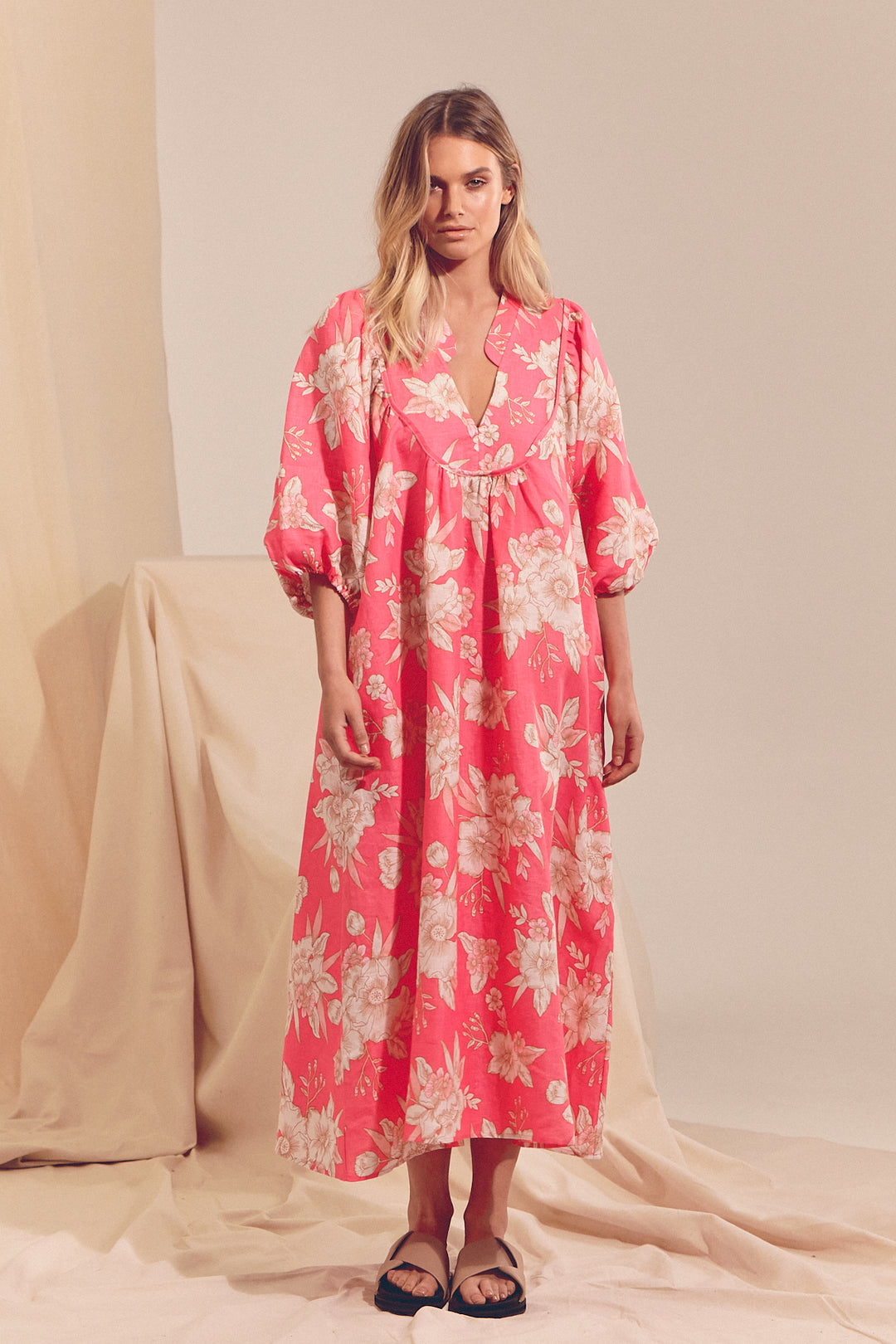 Hawaii Rose Boheme Linen Midi Dress