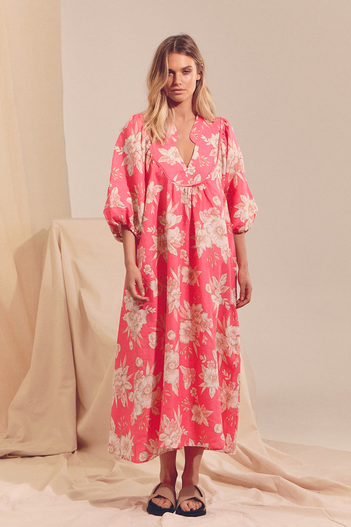 Hawaii Rose Boheme Linen Midi Dress