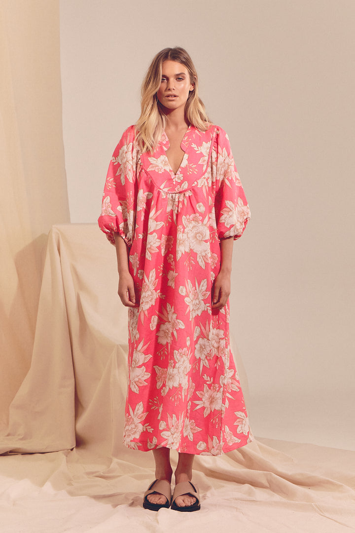 Hawaii Rose Boheme Linen Midi Dress