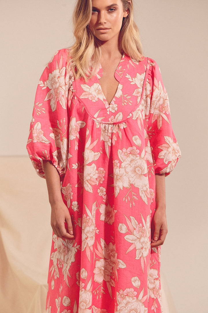 Hawaii Rose Boheme Linen Midi Dress