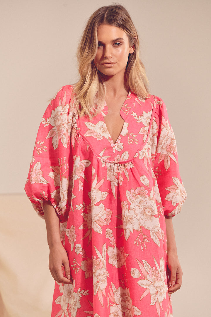 Hawaii Rose Boheme Linen Midi Dress