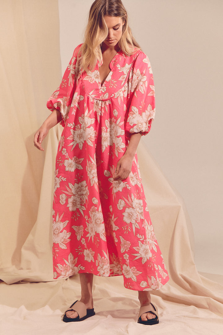 Hawaii Rose Boheme Linen Midi Dress