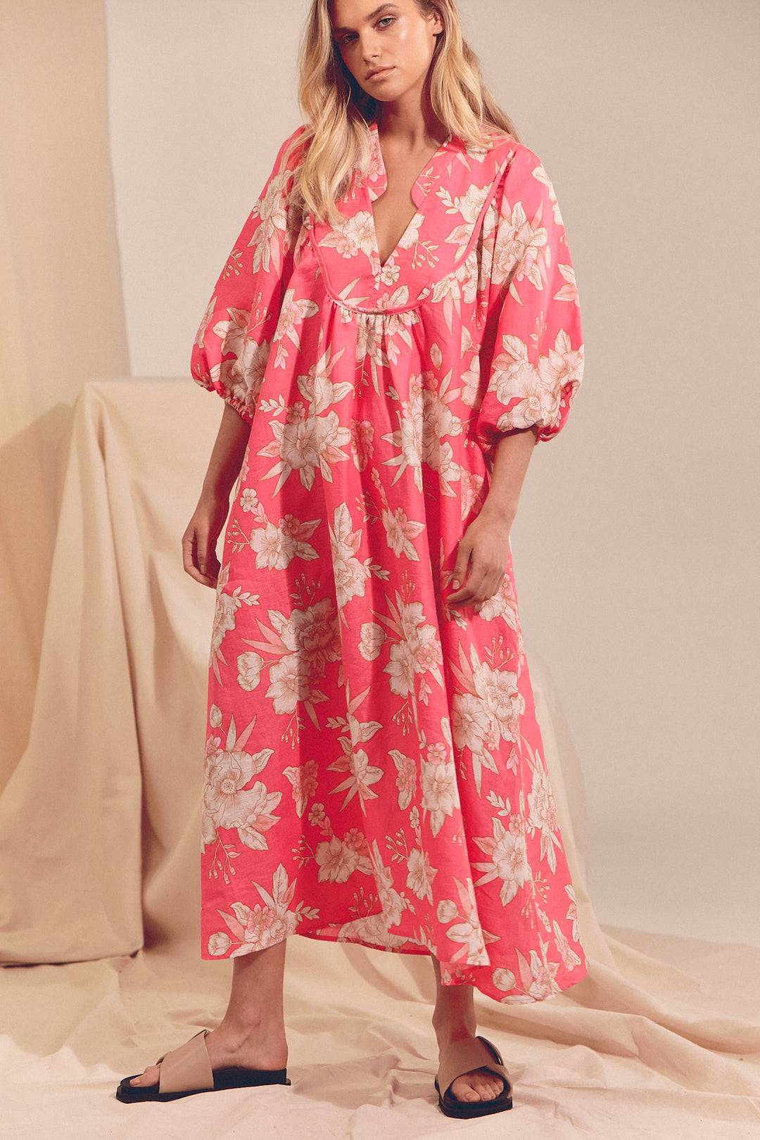 Hawaii Rose Boheme Linen Midi Dress