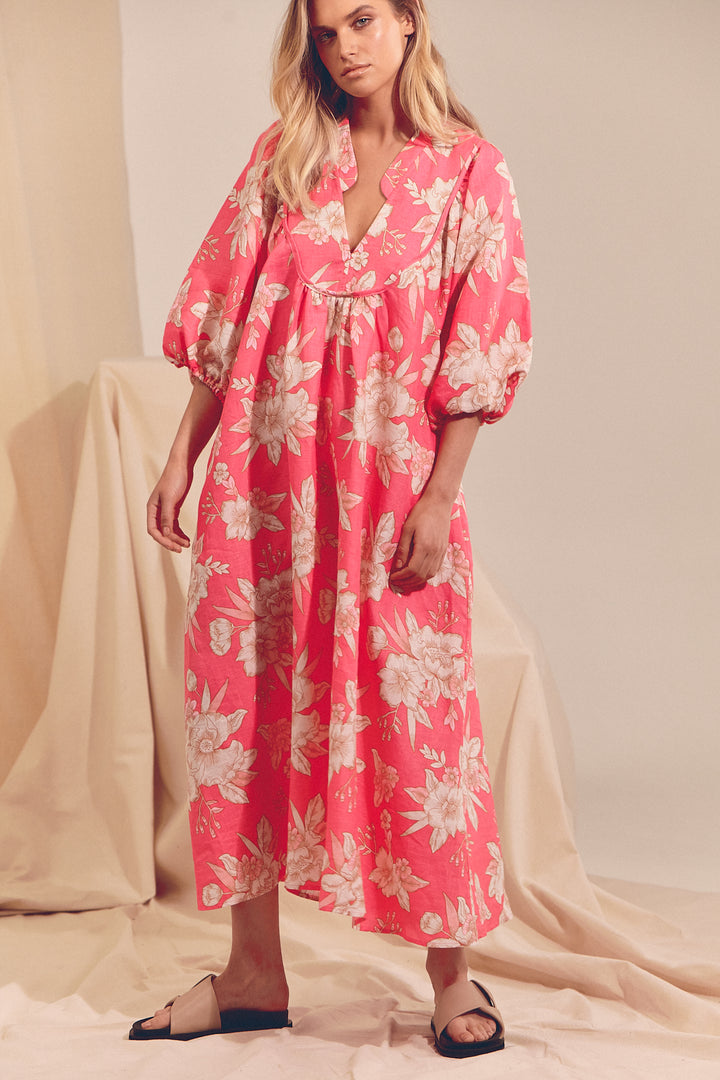 Hawaii Rose Boheme Linen Midi Dress