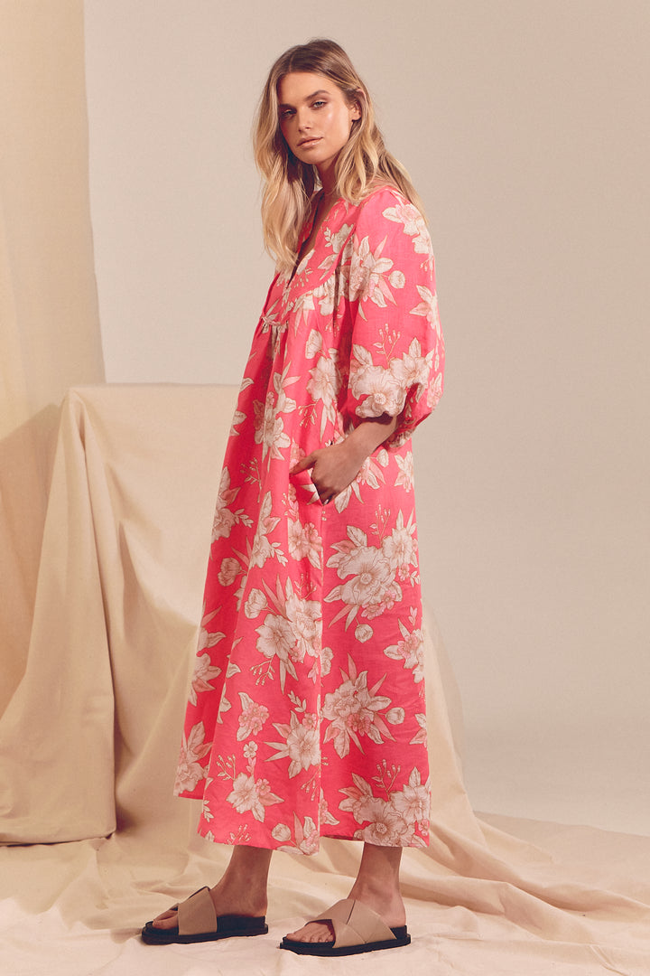 Hawaii Rose Boheme Linen Midi Dress
