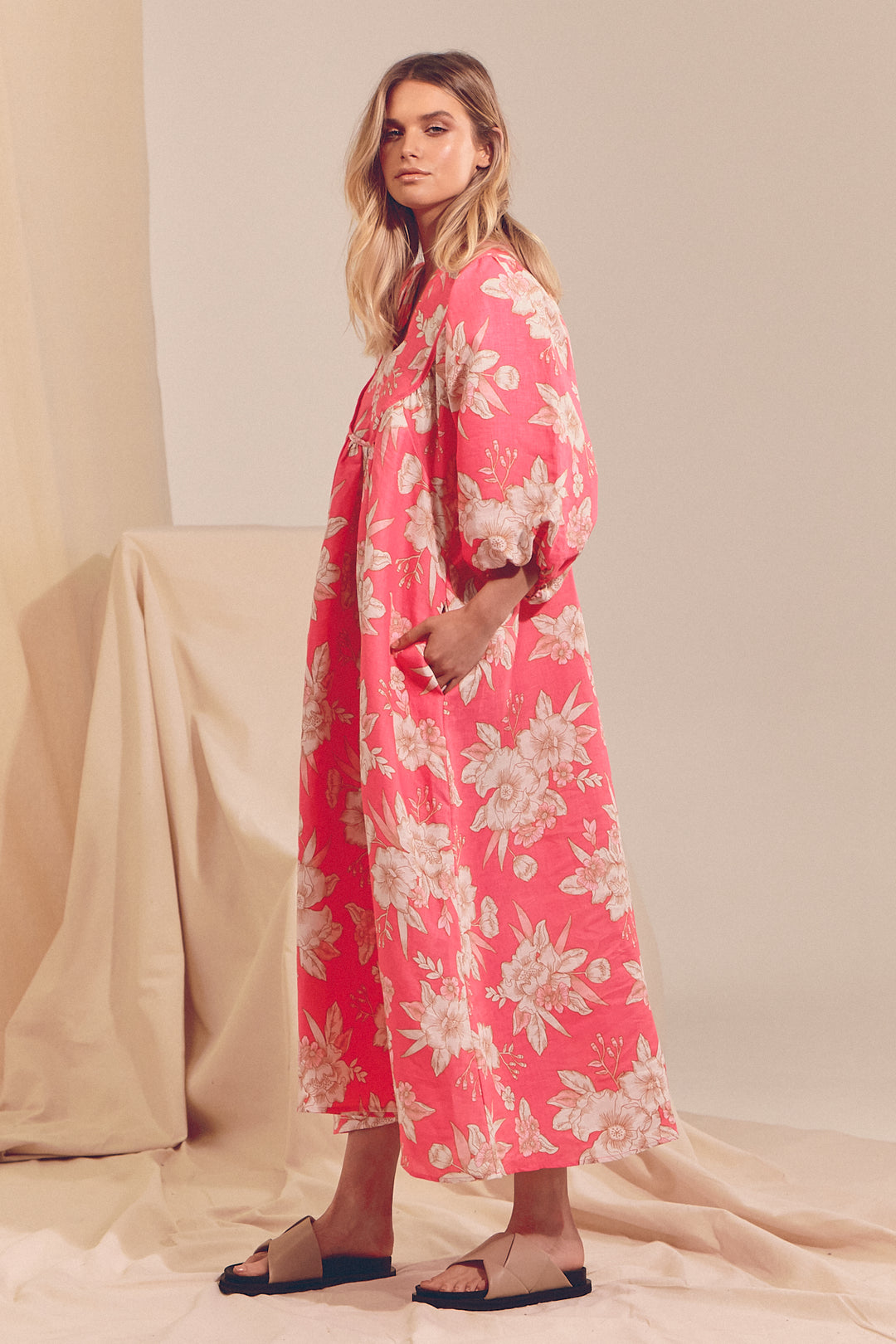 Hawaii Rose Boheme Linen Midi Dress