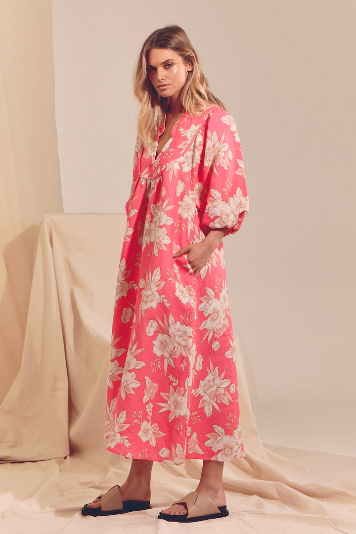 Hawaii Rose Boheme Linen Midi Dress
