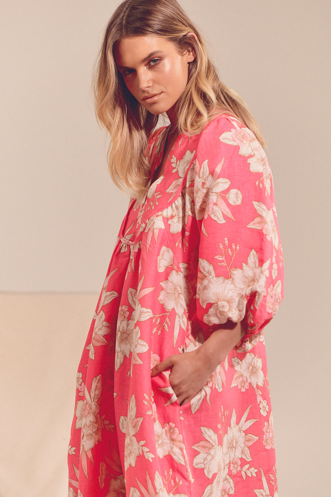 Hawaii Rose Boheme Linen Midi Dress