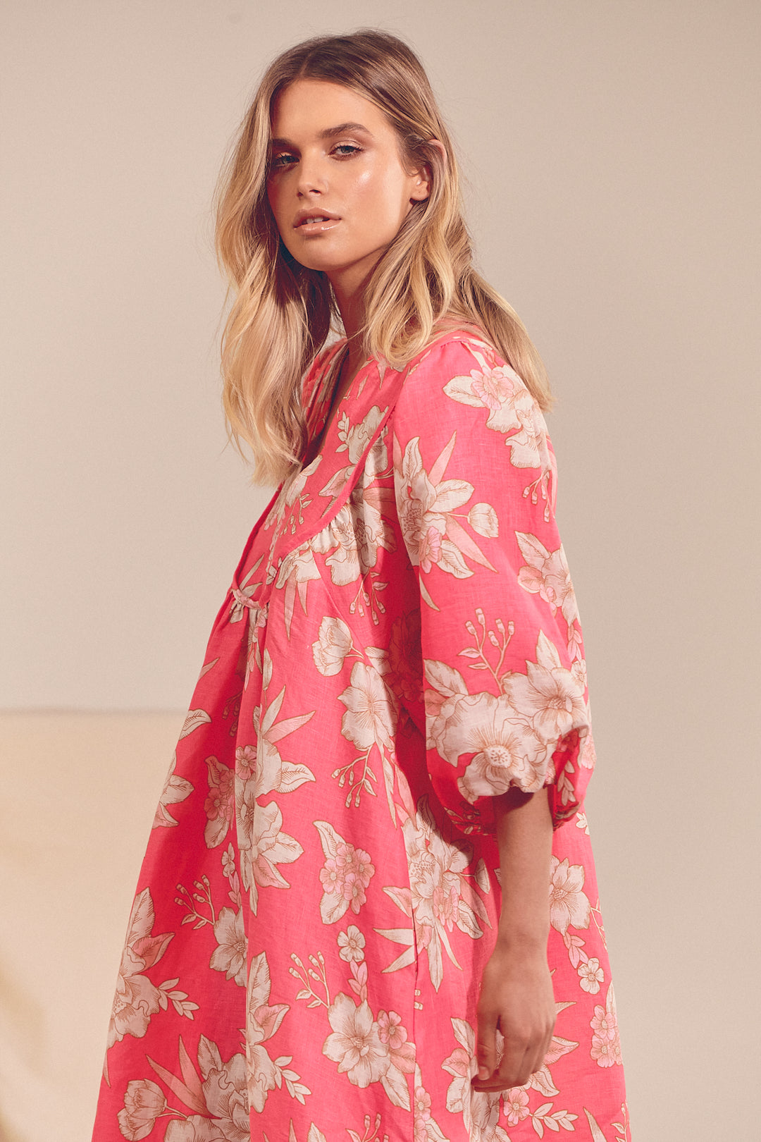 Hawaii Rose Boheme Linen Midi Dress