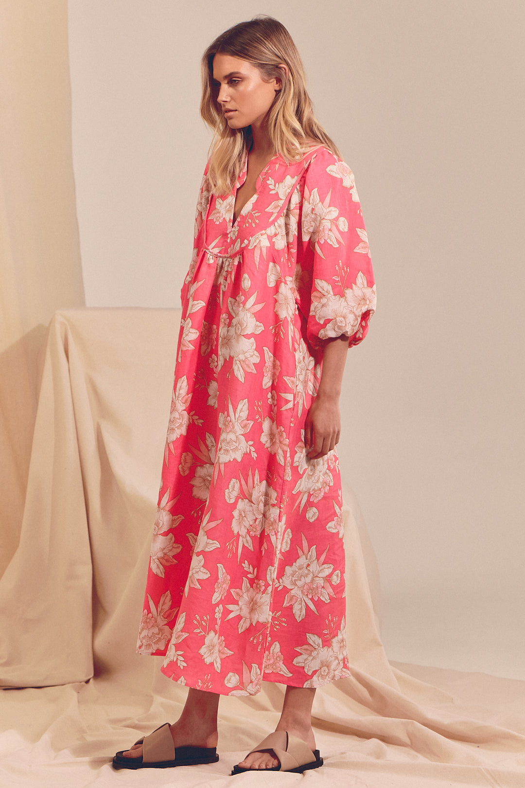 Hawaii Rose Boheme Linen Midi Dress