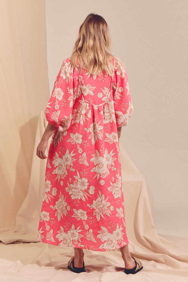 Hawaii Rose Boheme Linen Midi Dress