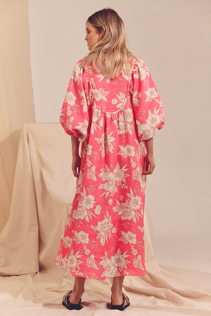 Hawaii Rose Boheme Linen Midi Dress