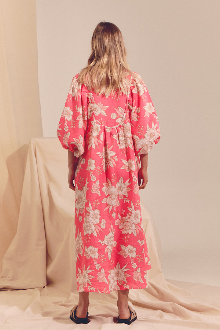 Hawaii Rose Boheme Linen Midi Dress