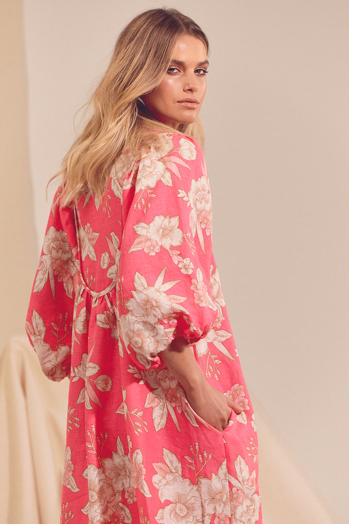 Hawaii Rose Boheme Linen Midi Dress