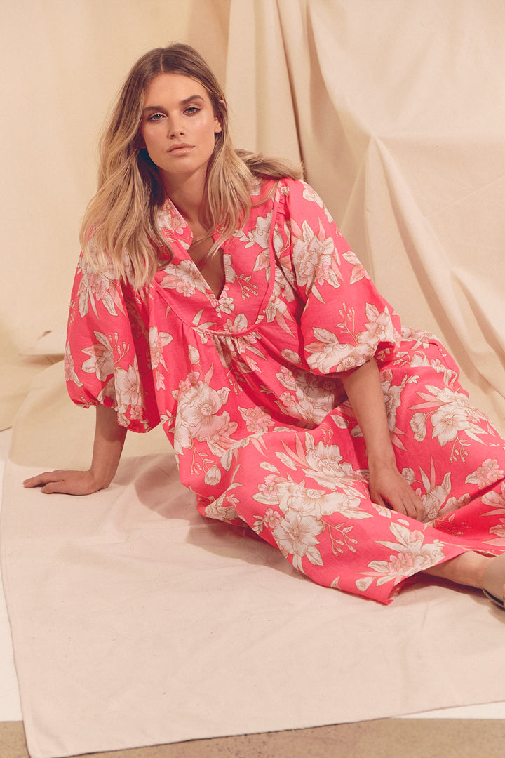 Hawaii Rose Boheme Linen Midi Dress
