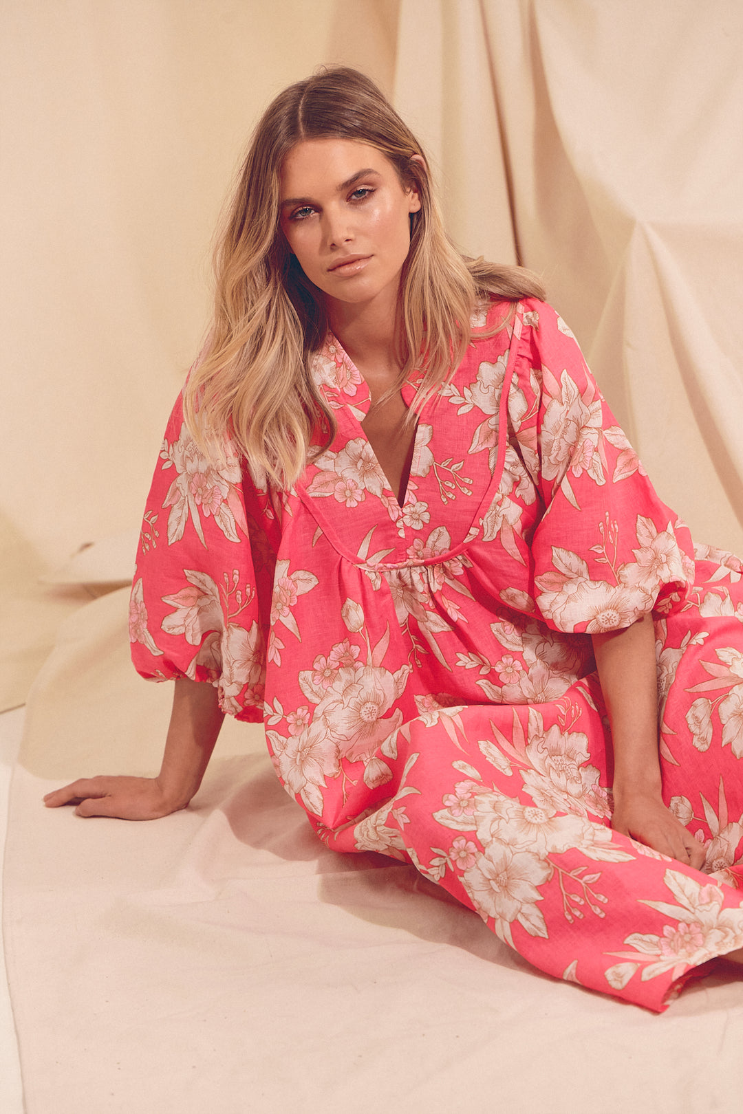 Hawaii Rose Boheme Linen Midi Dress