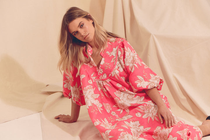 Hawaii Rose Boheme Linen Midi Dress