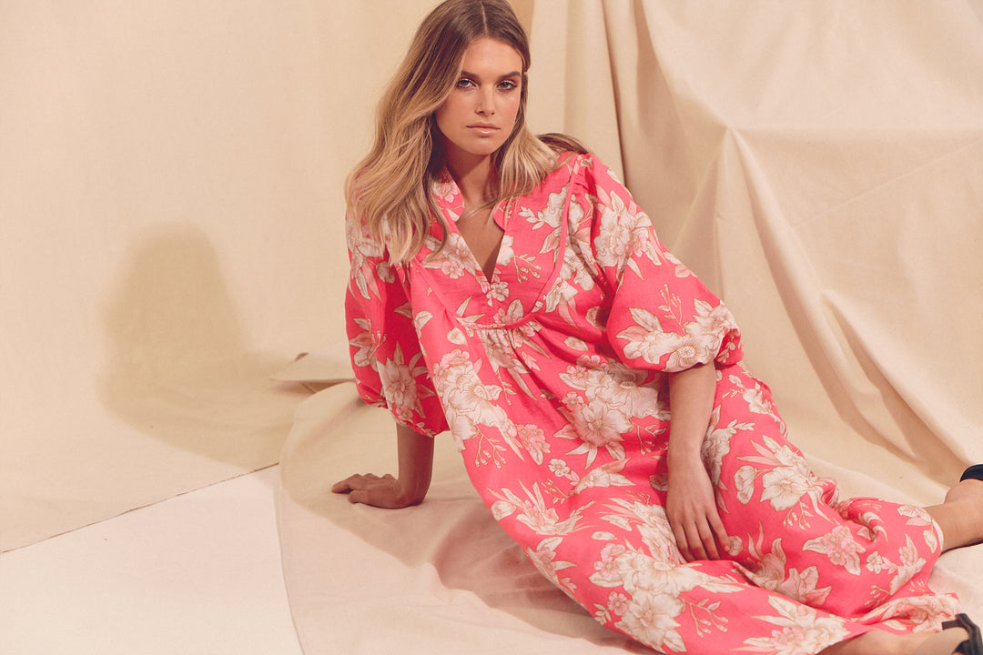 Hawaii Rose Boheme Linen Midi Dress