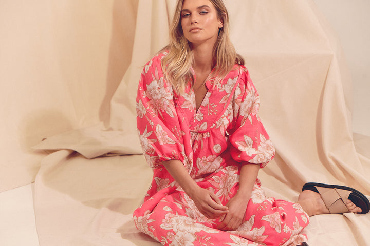 Hawaii Rose Boheme Linen Midi Dress
