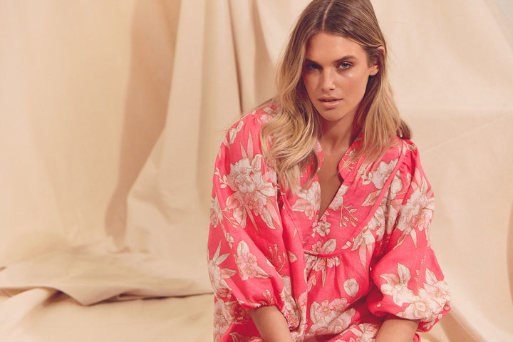 Hawaii Rose Boheme Linen Midi Dress