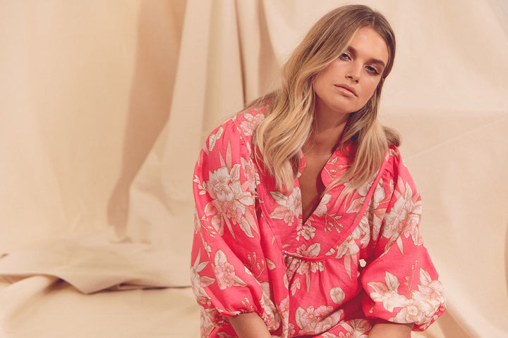 Hawaii Rose Boheme Linen Midi Dress