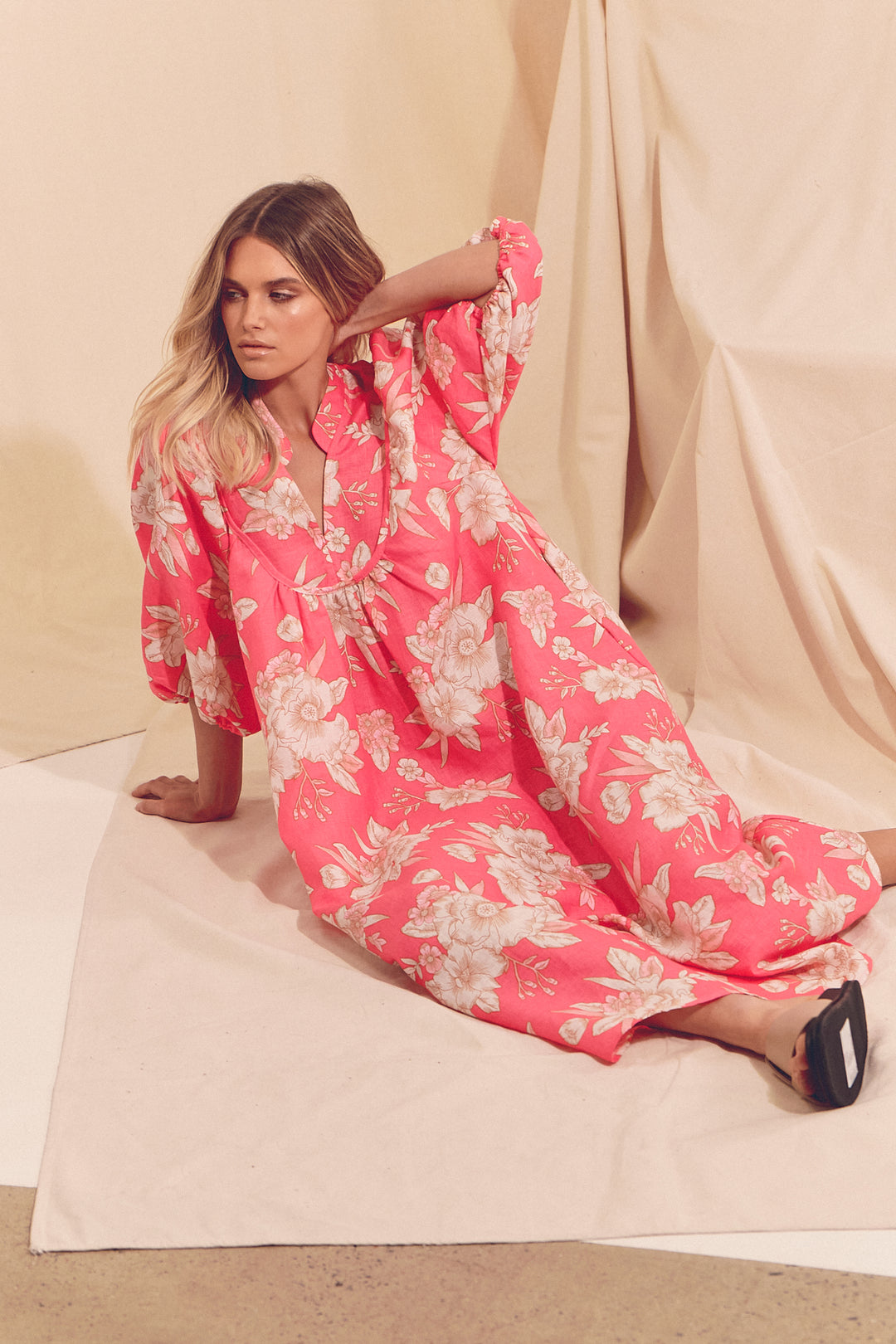 Hawaii Rose Boheme Linen Midi Dress