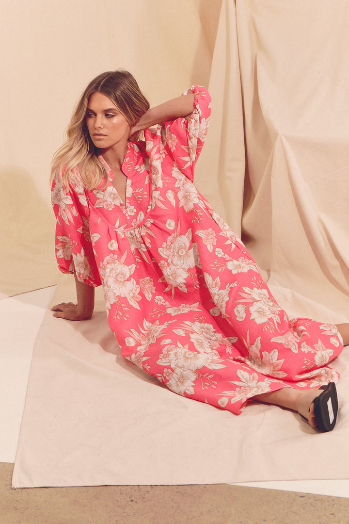 Hawaii Rose Boheme Linen Midi Dress
