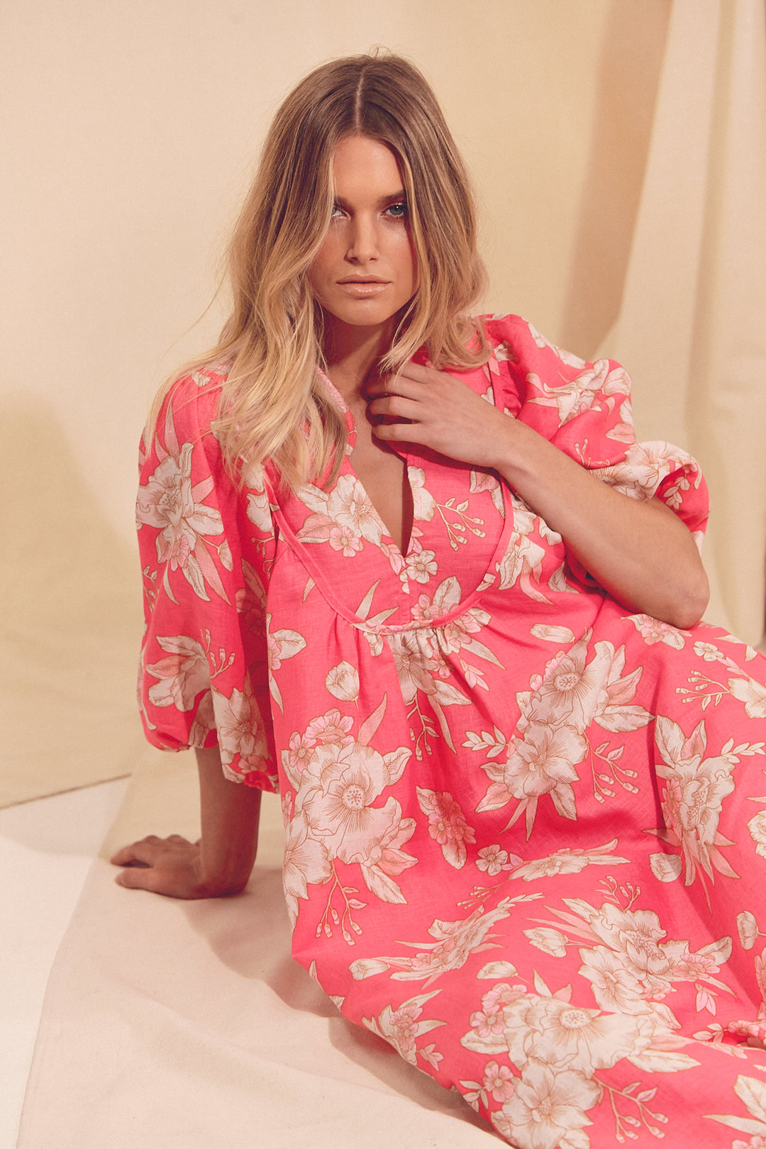 Hawaii Rose Boheme Linen Midi Dress