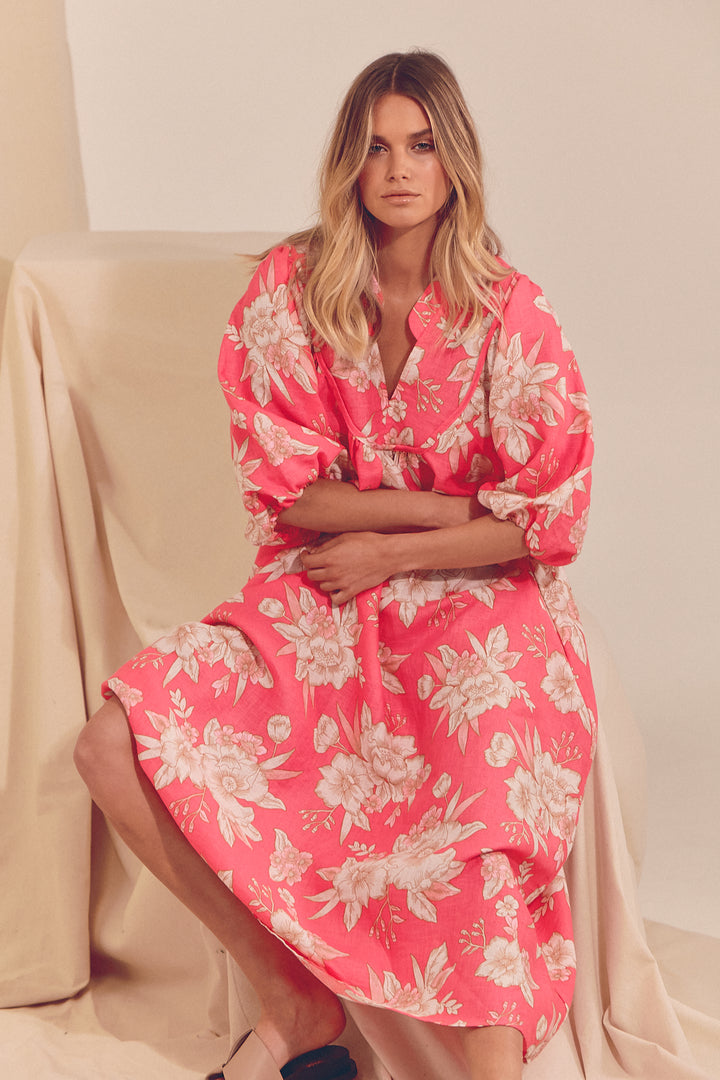 Hawaii Rose Boheme Linen Midi Dress