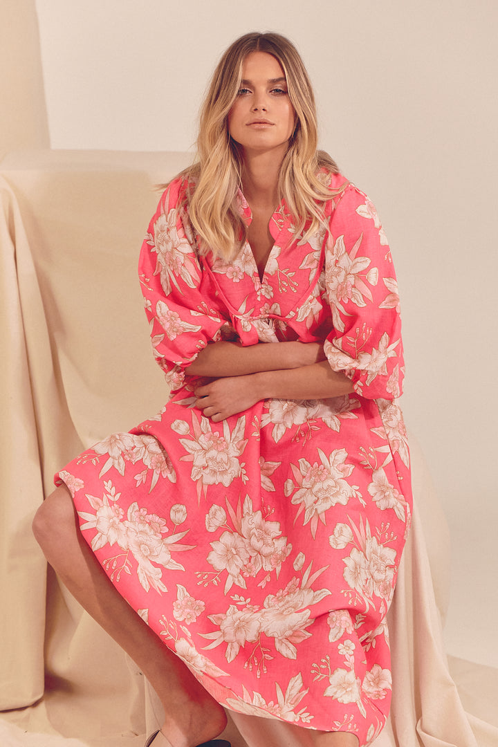Hawaii Rose Boheme Linen Midi Dress