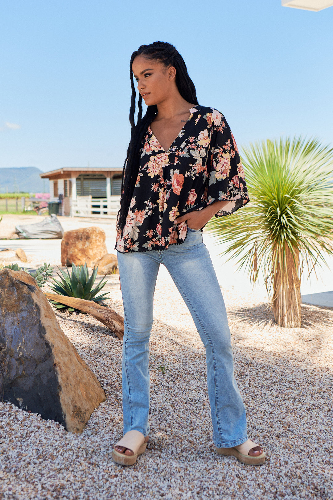 Winter Rose Black Print Gabriella Top