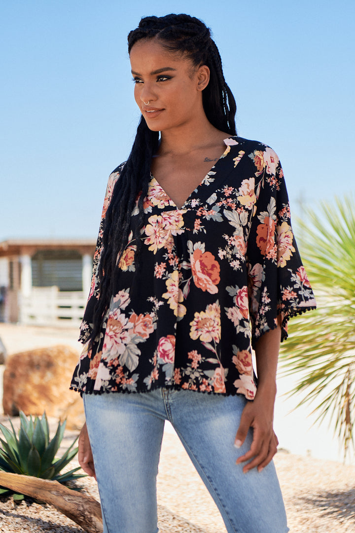 Winter Rose Black Print Gabriella Top