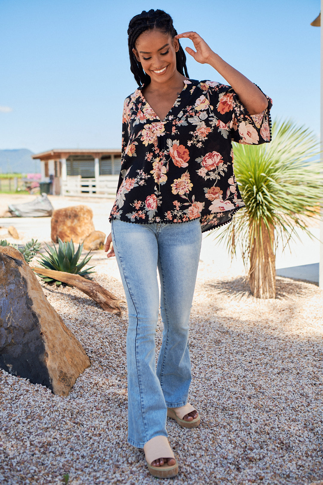 Winter Rose Black Print Gabriella Top