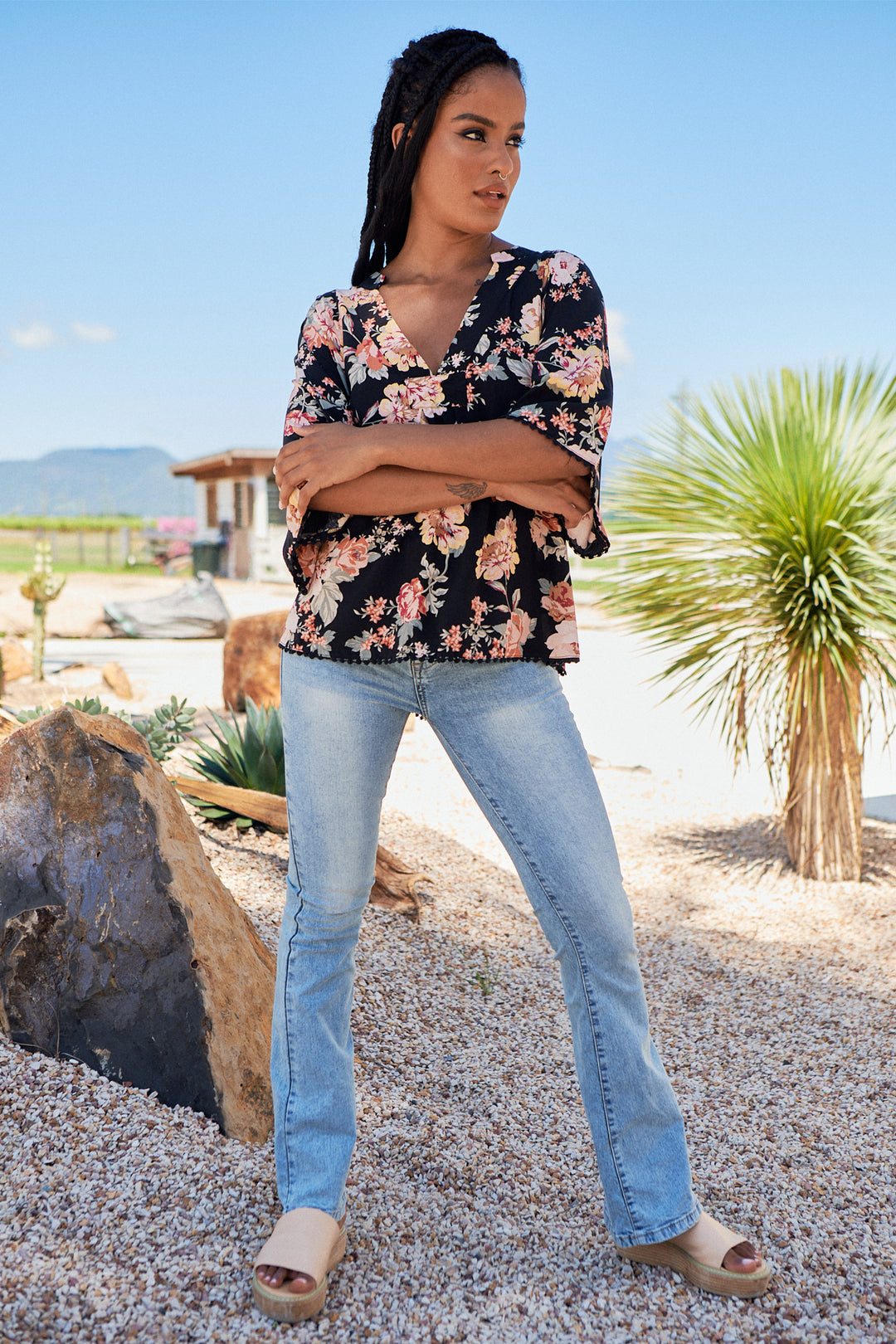 Winter Rose Black Print Gabriella Top