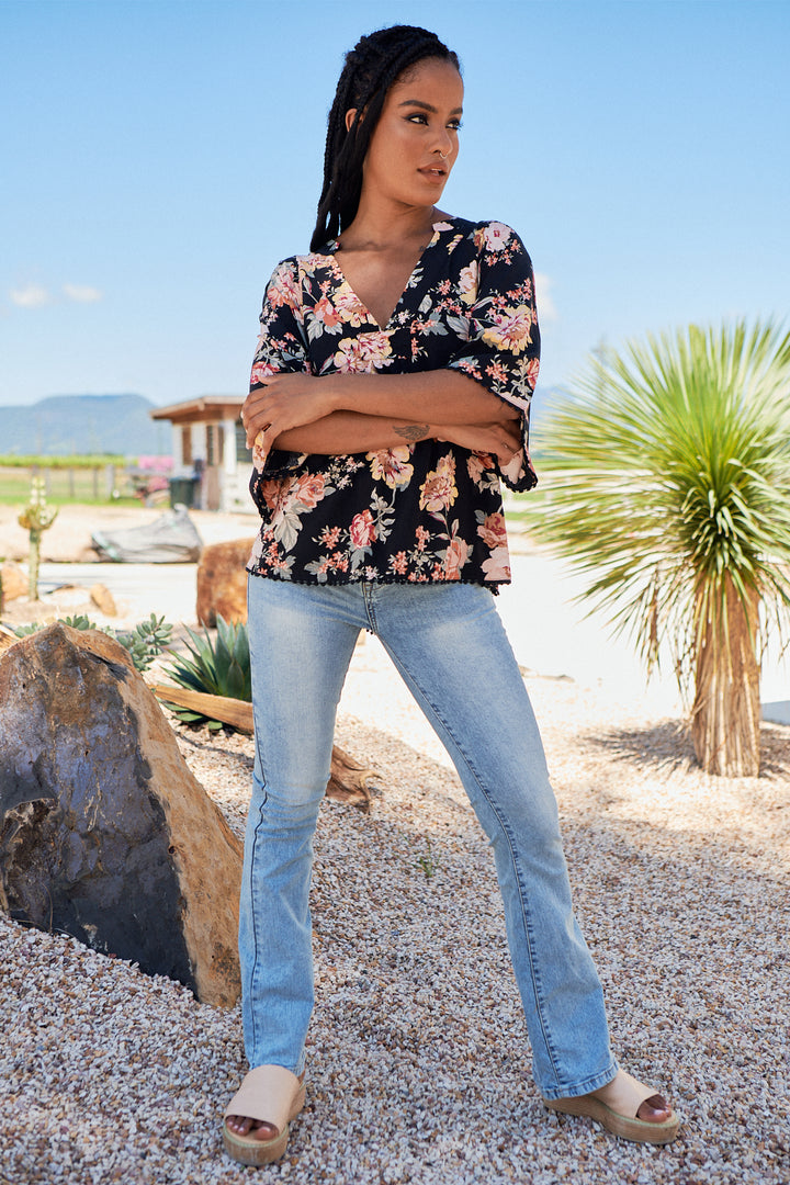 Winter Rose Black Print Gabriella Top