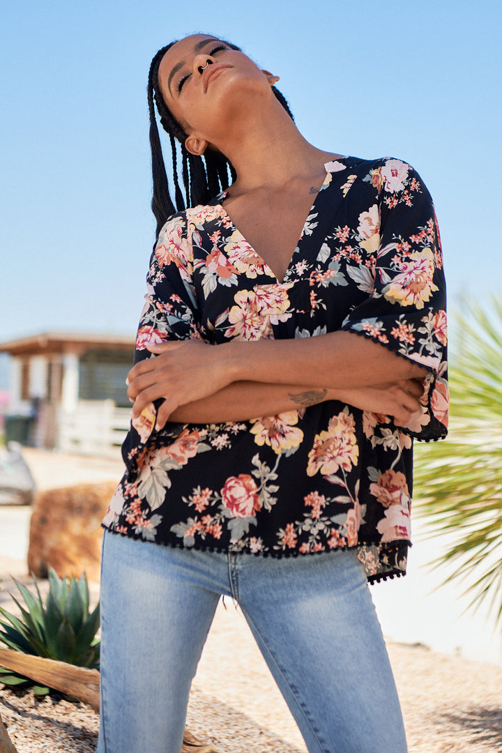 Winter Rose Black Print Gabriella Top