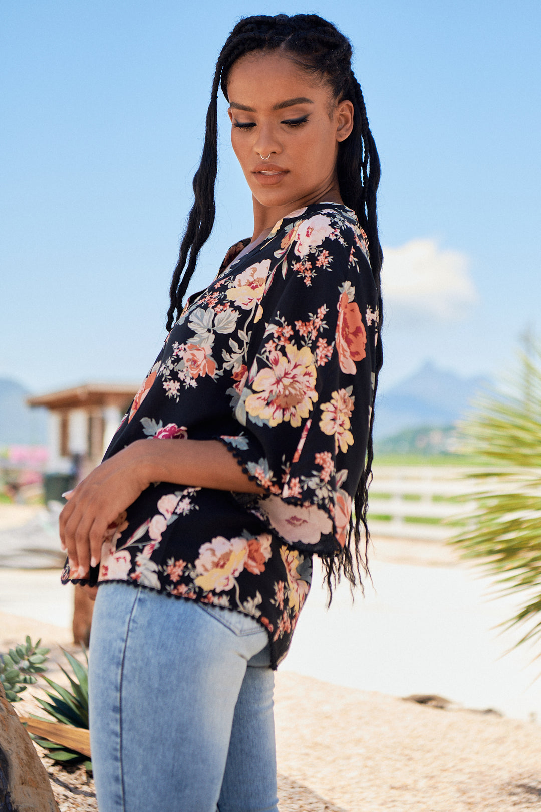 Winter Rose Black Print Gabriella Top