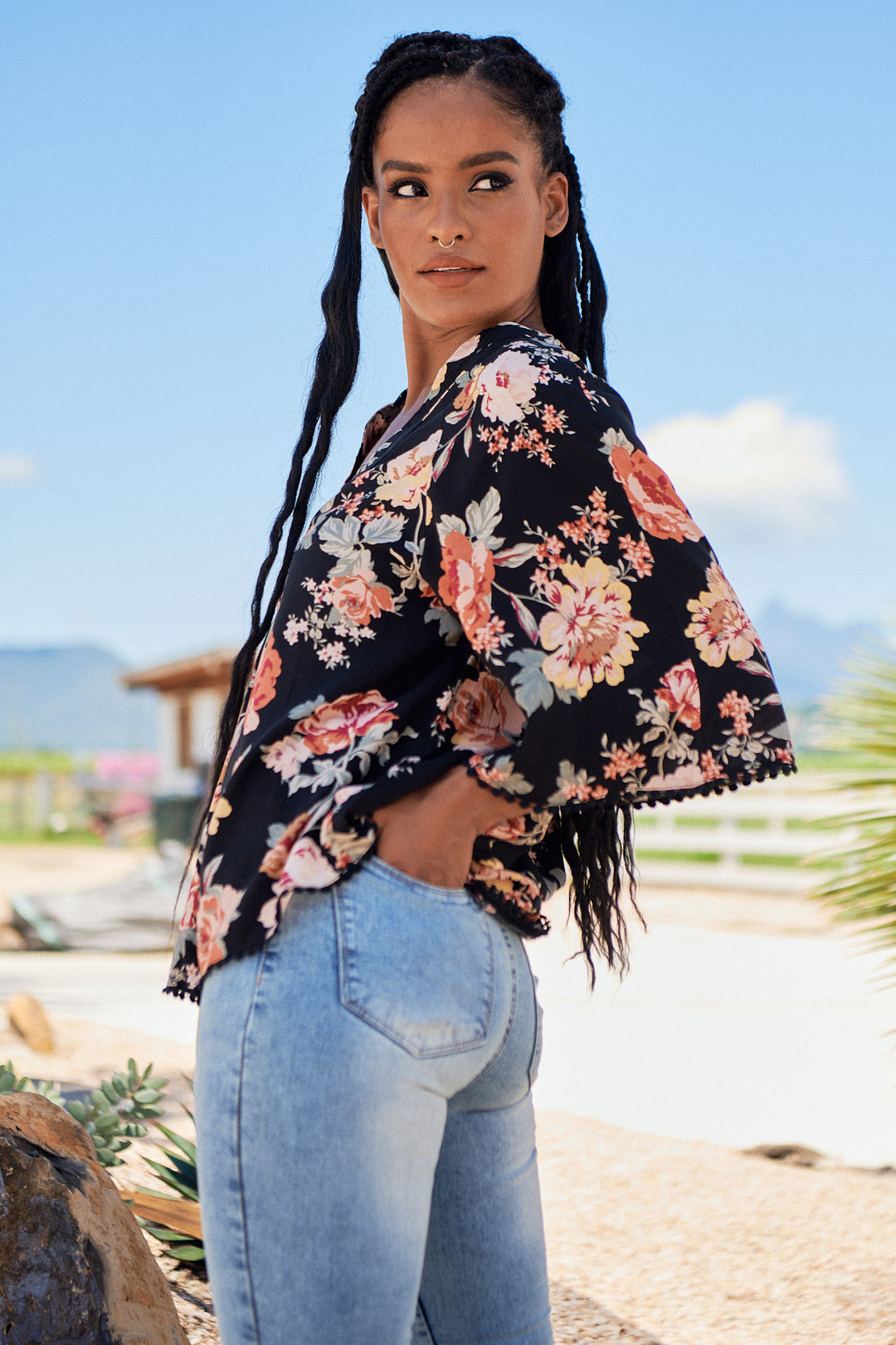 Winter Rose Black Print Gabriella Top