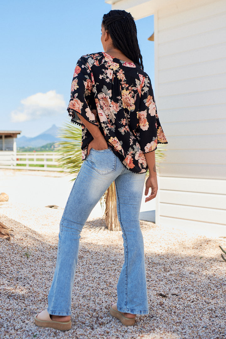 Winter Rose Black Print Gabriella Top