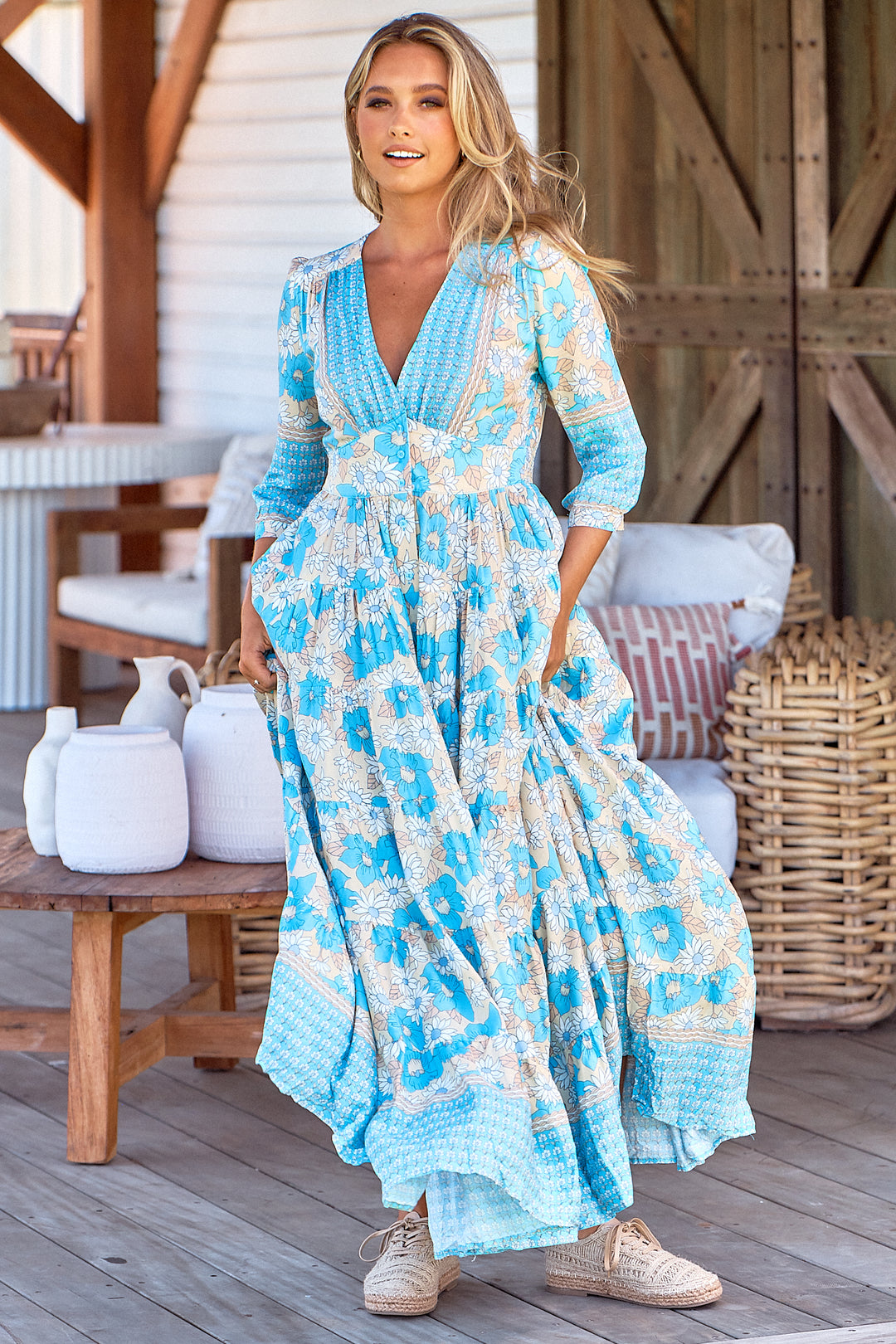 Swan River Daisy Print Berry Maxi Dress