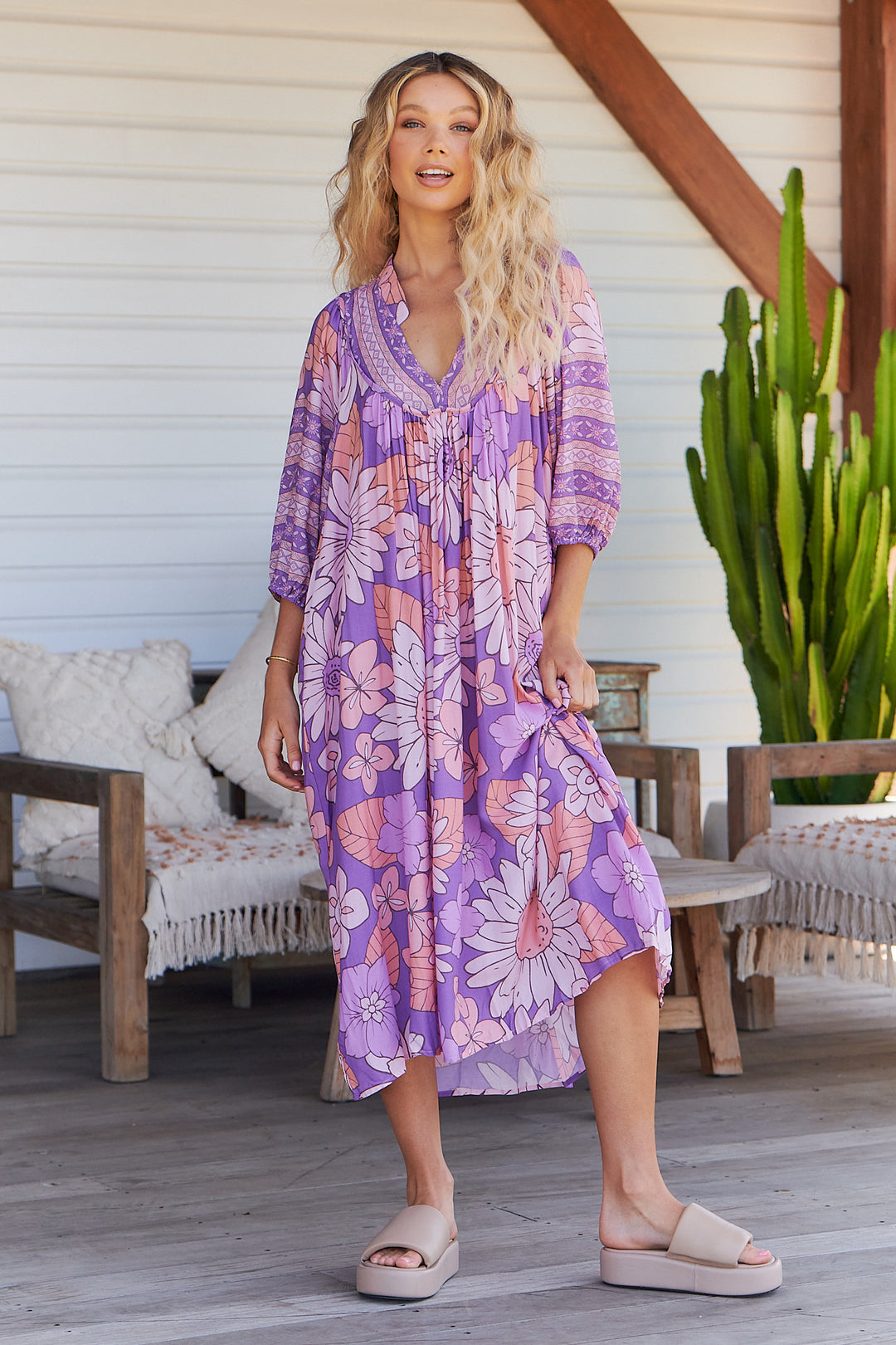 Purple Rain Print Bohemian Midi Dress