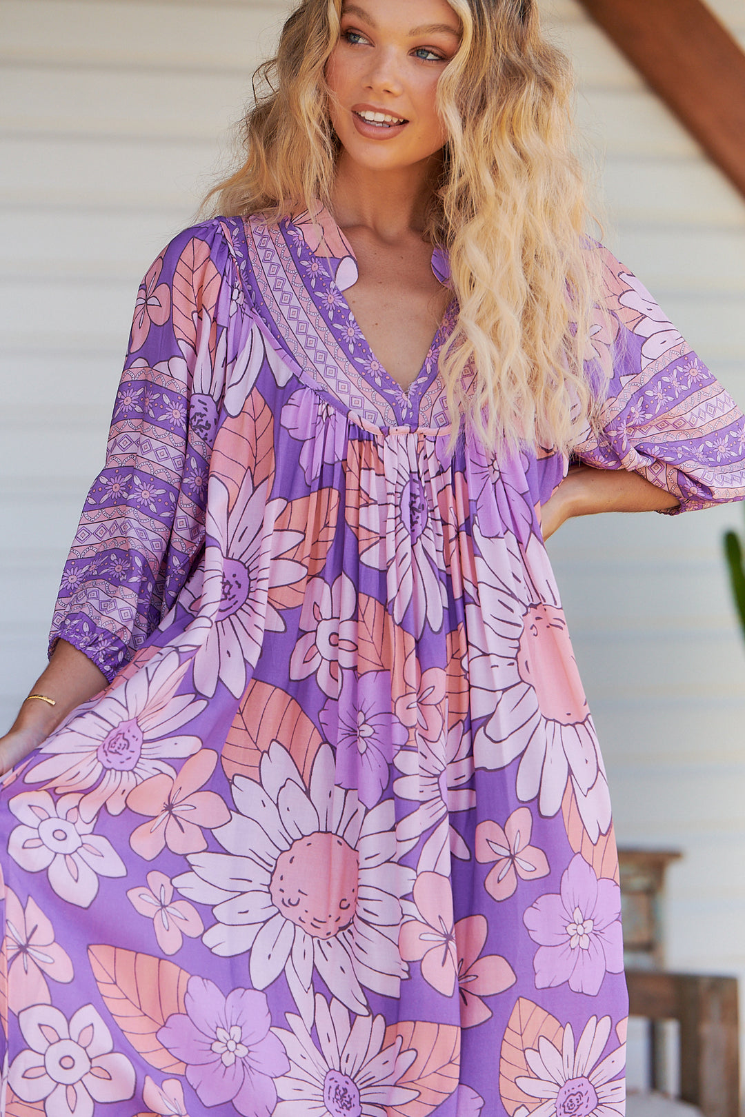 Purple Rain Print Bohemian Midi Dress