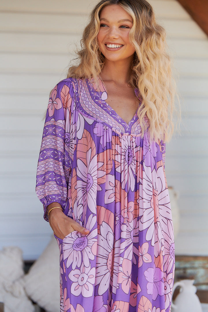 Purple Rain Print Bohemian Midi Dress