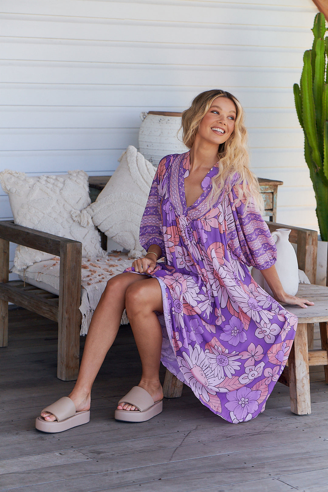 Purple Rain Print Bohemian Midi Dress