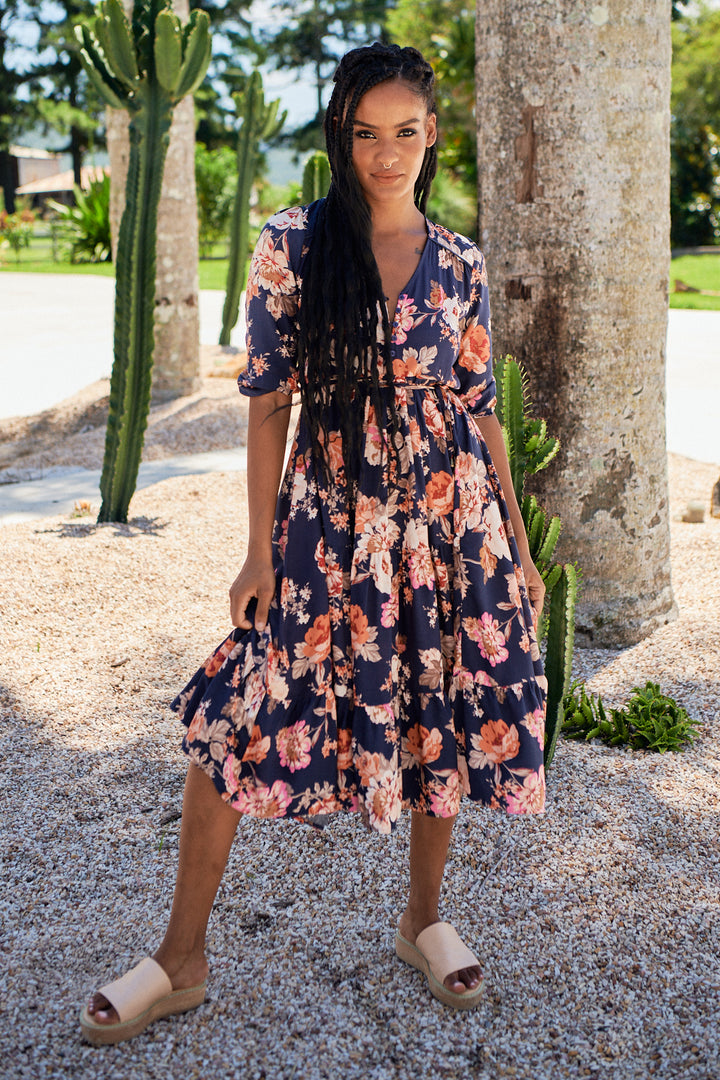 Winter Rose Navy Print Eve Midi Dress