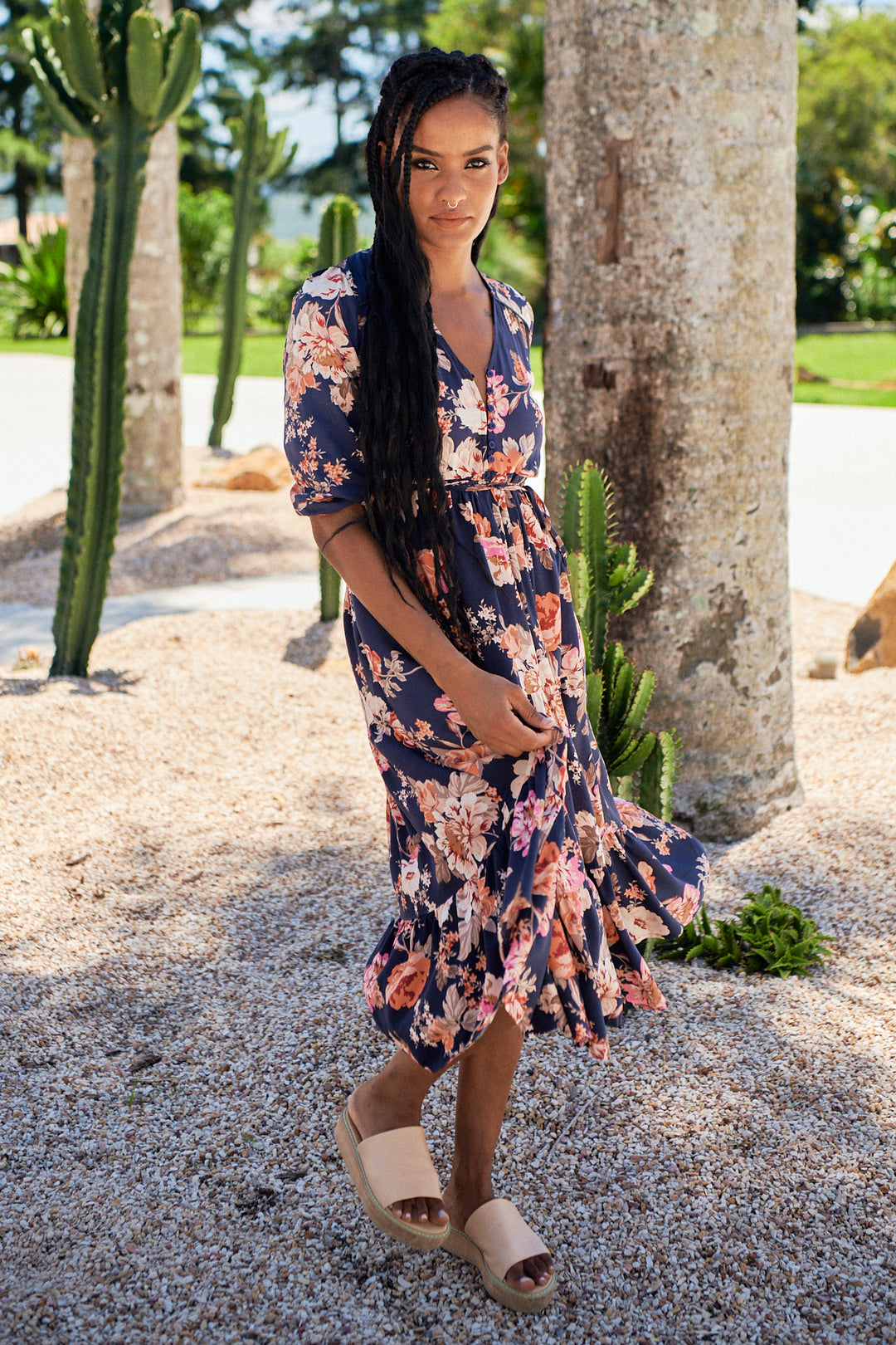 Winter Rose Navy Print Eve Midi Dress