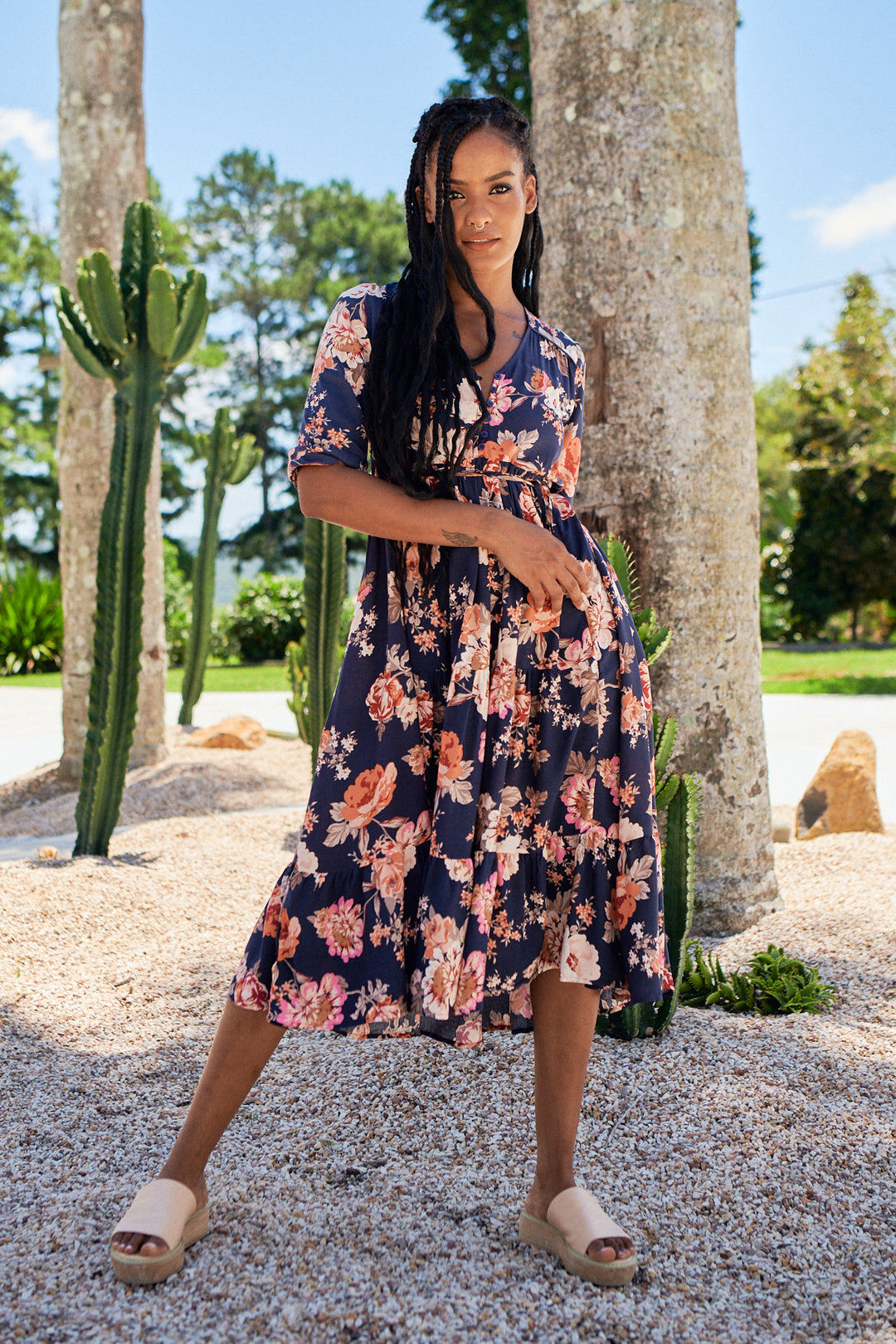 Winter Rose Navy Print Eve Midi Dress